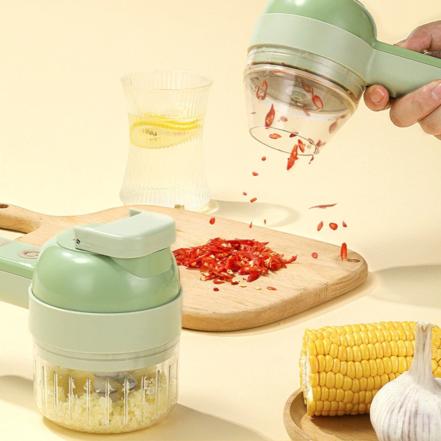 2284 4 in 1 Handheld Electric Vegetable Cutter Set, Multifunction Mini Chopper Food Processor, Wireless Electric Garlic Mud Masher, for Garlic, Chili ,Onion, Ginger DeoDap 2284 4 in 1 Handheld Electric Vegetable Cutter Set, Multifunction Mini Chopper Food Processor, Wireless Electric Garlic Mud Masher, for Garlic, Chili ,Onion, Ginger DeoDap